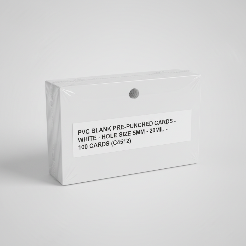 PVC BLANK PRE-PUNCHED CARDS - WHITE - HOLE SIZE 5MM - 20MIL - 1 pack of 100 cards (C4512)